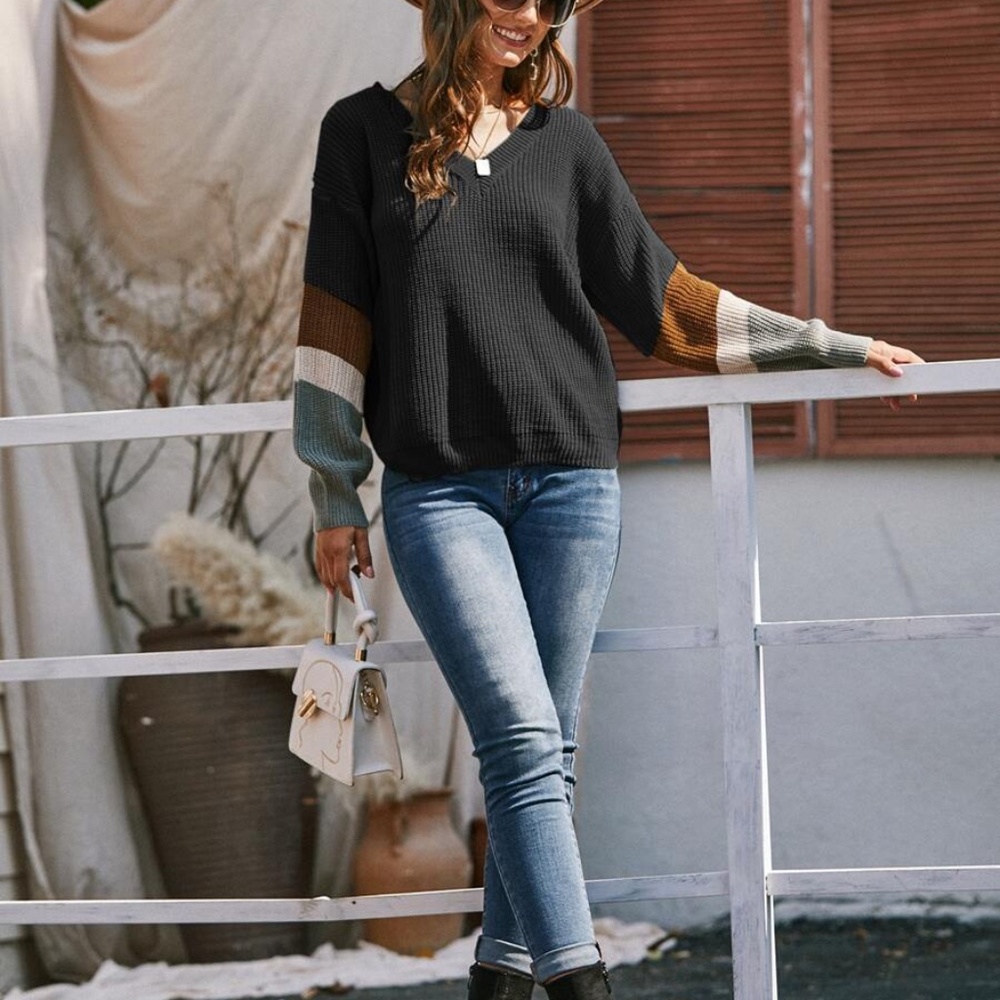oversized color block v neck knit sweater beige - Picture 7 of 9